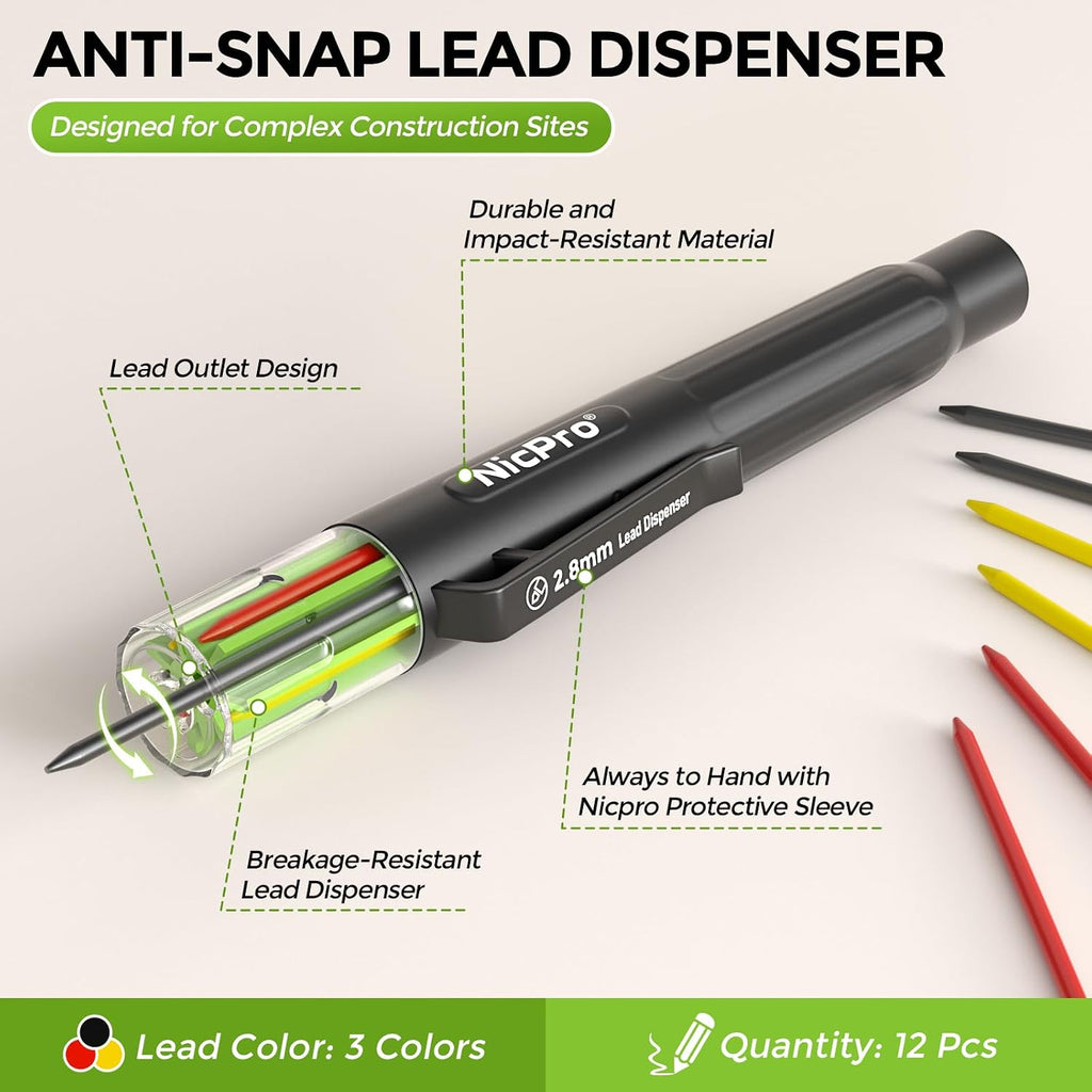 Carpenter Pencil Lead Refills 2.8Mm, 12 Pieces Black, Red, Yellow