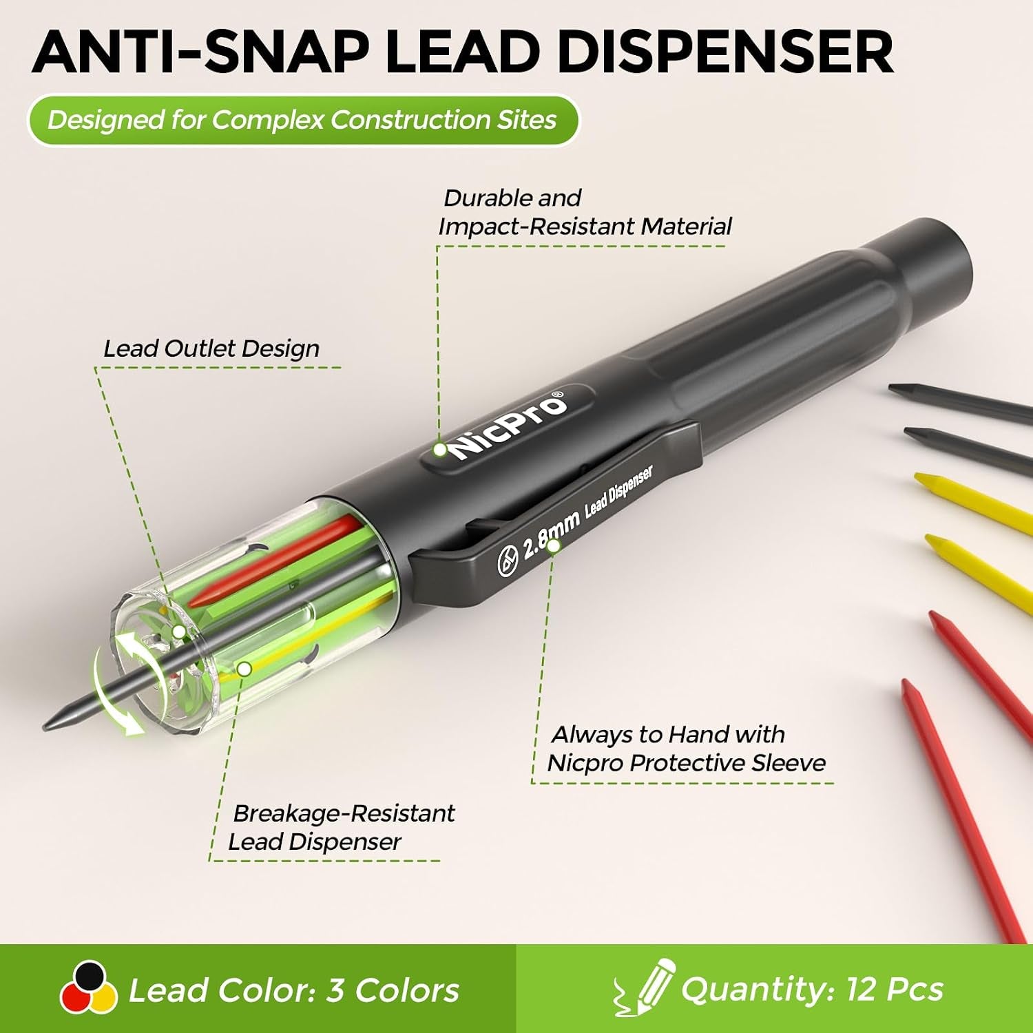 Carpenter Pencil Lead Refills 2.8Mm, 12 Pieces Black, Red, Yellow