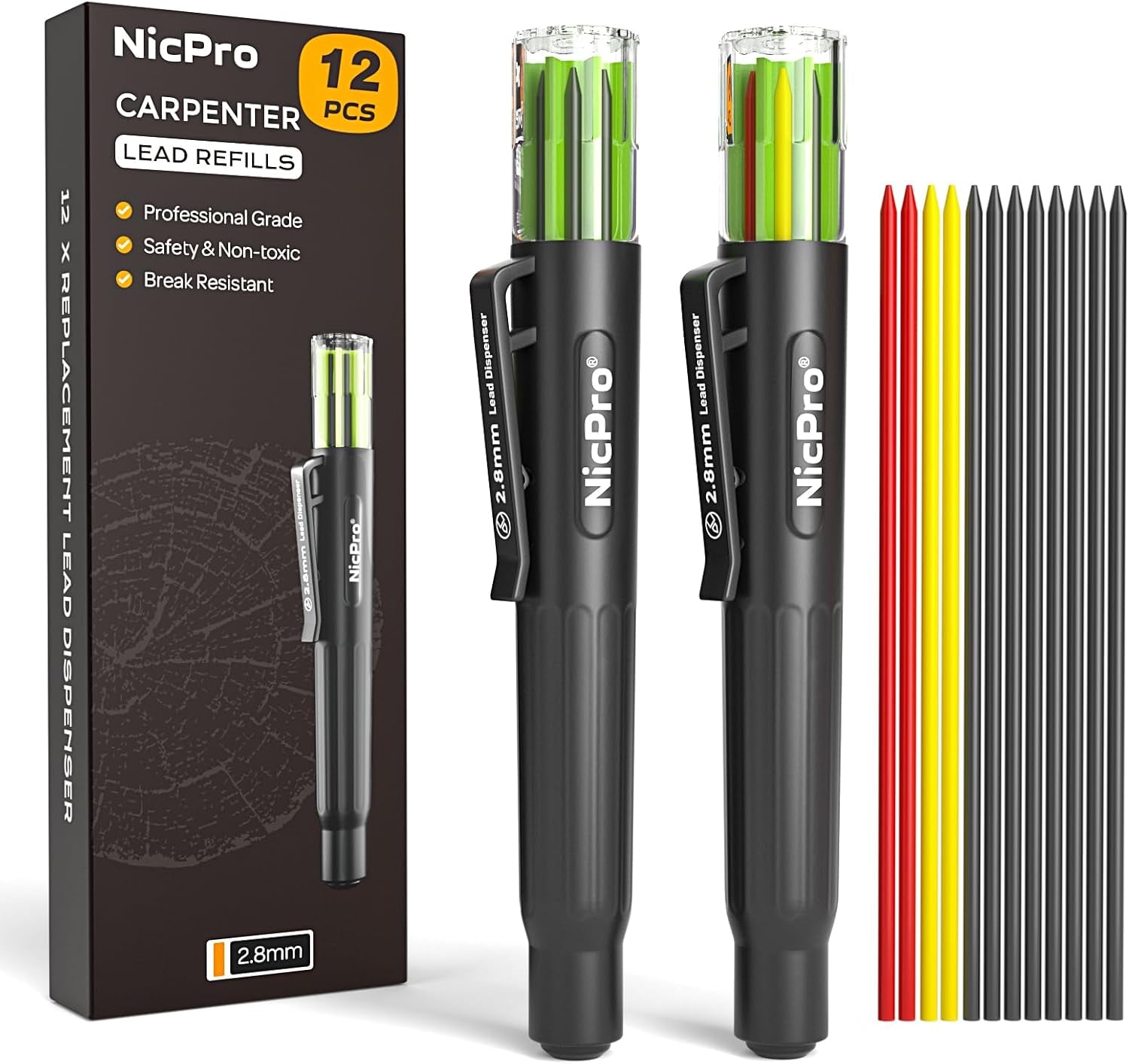 Carpenter Pencil Lead Refills 2.8Mm, 12 Pieces Black, Red, Yellow