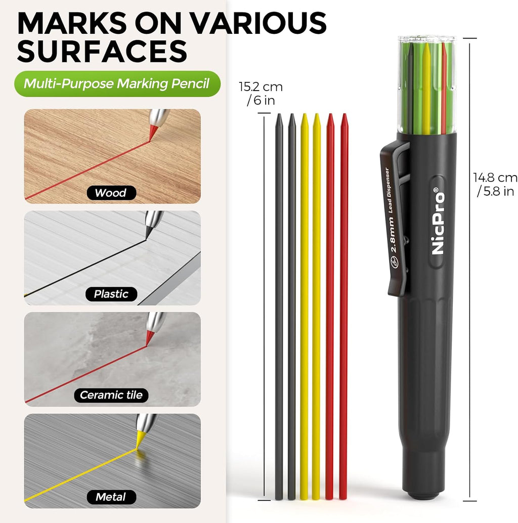 Carpenter Pencil Lead Refills 2.8Mm, 12 Pieces Black, Red, Yellow