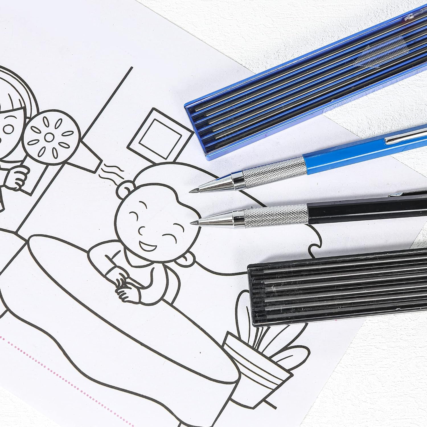 2Mm Mechanical Pencil Set, 2 Pieces Artist Carpenter Drafting Pencils 2.0 Mm with 2 Tube Lead Refill (HB, 2B), Art Lead Holder Metal Marker for Draft Drawing, Writing, Art Sketching